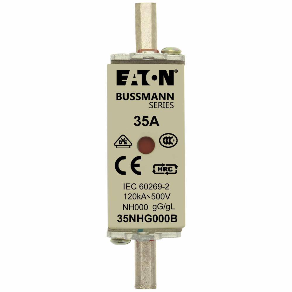 EATON Bussmann Edison 35NHG000B Size 000 Dual Indicator NH Fuse Link, 500 V, 35 A, For Use With Bussmann NH Size Photovoltaic Fuse, Class C gG/gL Fuse, Ceramic