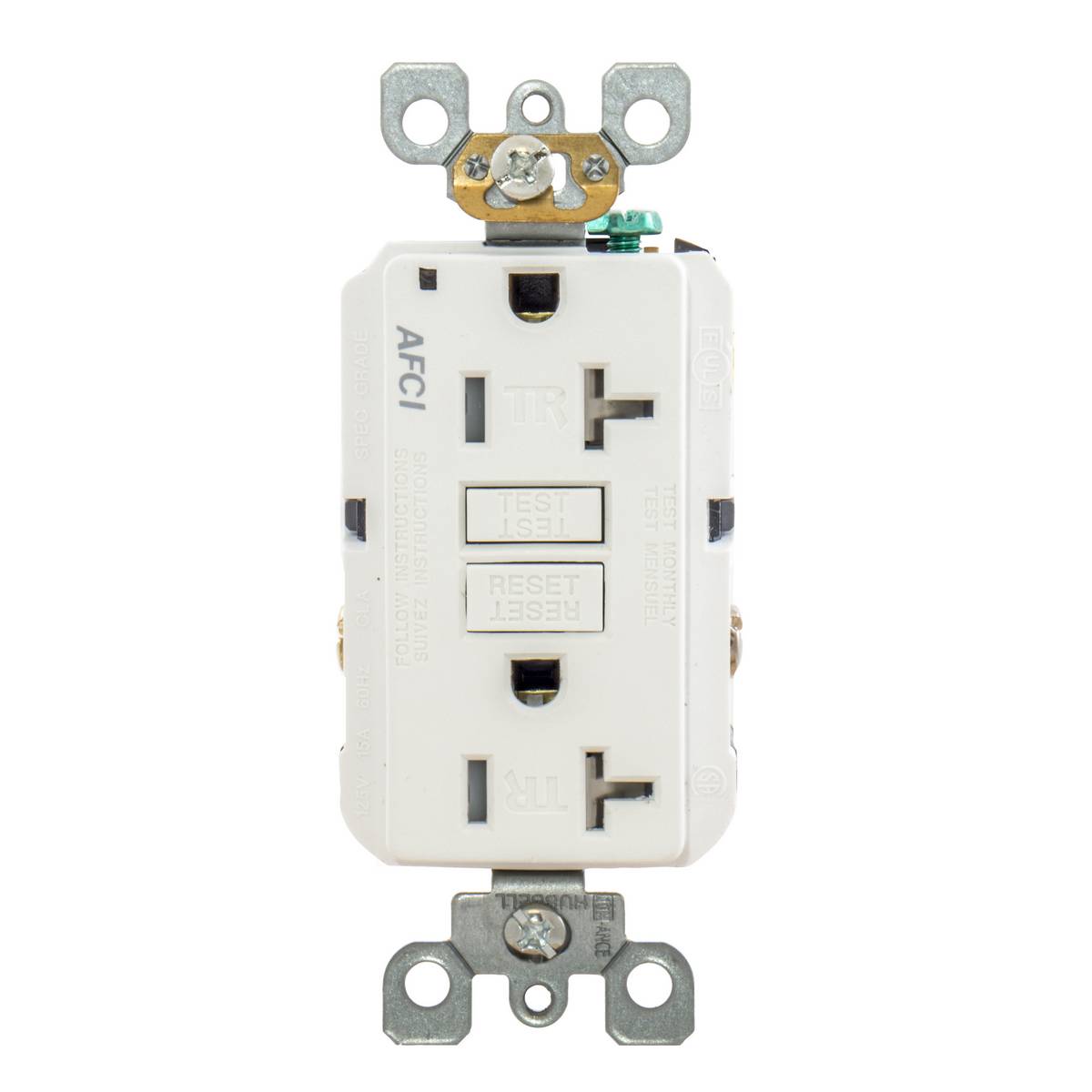 Bryant Electric AFR20TRW 1-Phase Decorator Duplex Grounding Standard Tamper Resistant AFCI Receptacle With Tamper Resistant Outlets and LED Indicator, 125 VAC, 20 A, 2 Poles, 3 Wires, White