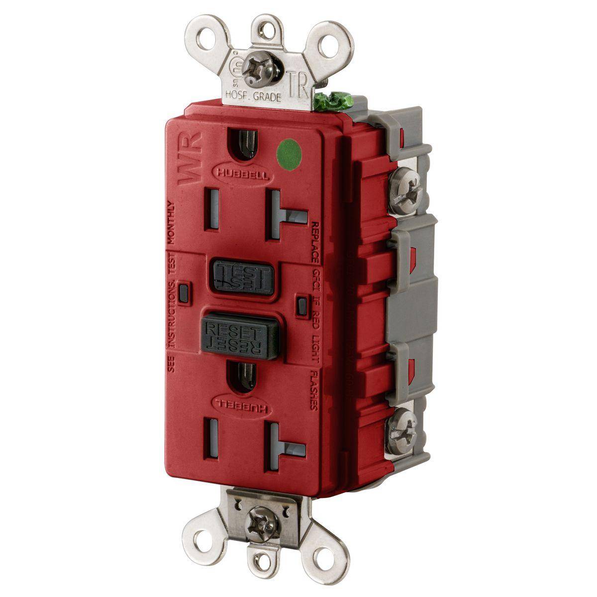 Wiring Device-Kellems GF8300SGR 1-Phase Duplex Extra Heavy Duty Feed-Through Grounding Standard Tamper-Resistant Weather-Resistant Screw Mount GFCI Receptacle, 125 VAC, 20 A, 2 Poles, 3 Wires, Red