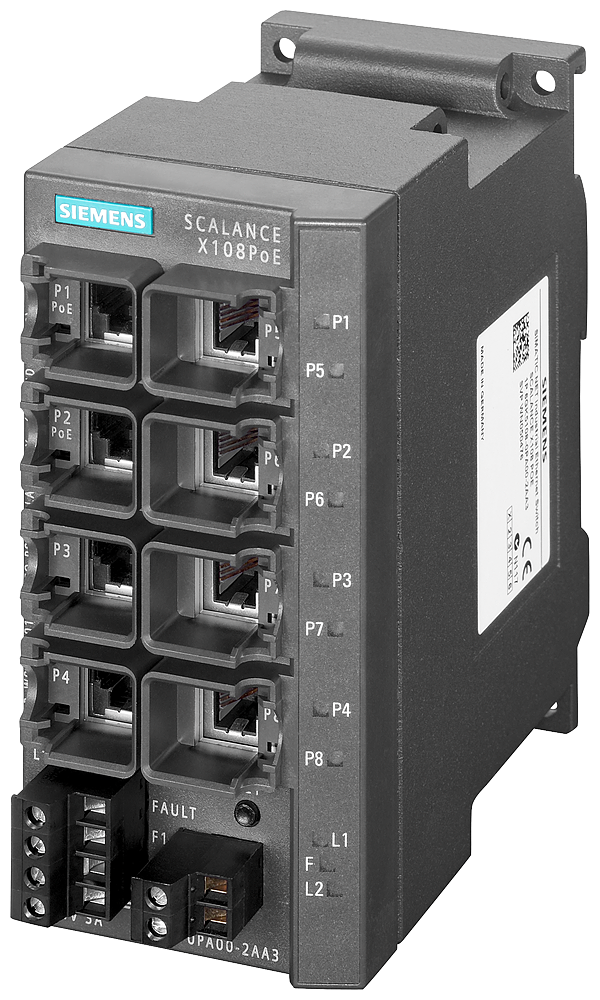 Siemens 6GK51080PA002AA3 SCALANCE X108PoE Unmanaged Industrial Ethernet Switch, (6) RJ-45 Ports for Network Components & Terminal Equipment, (1) 4-Pole Terminal Block for Power Supply, (1) 2-Pole Terminal Block for Signaling Contact Interface, RJ-45 Port