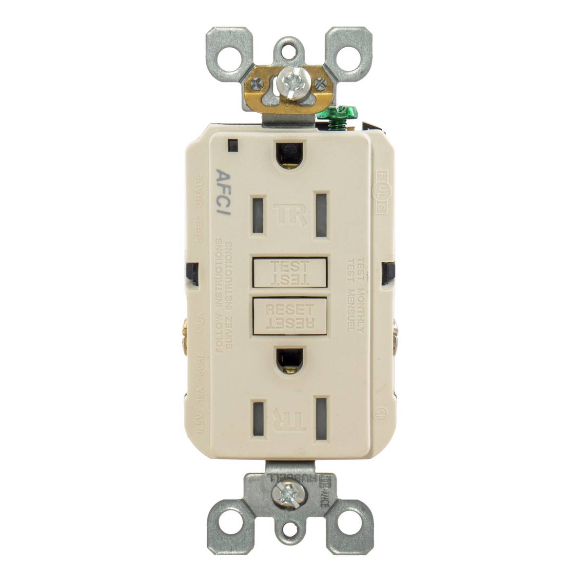 Wiring Device-Kellems AFR15TRLA Decorator Duplex Standard Tamper Resistant Arc Fault Receptacle, 125 VAC, 15 A, 2 Poles, 3 Wires, Light Almond