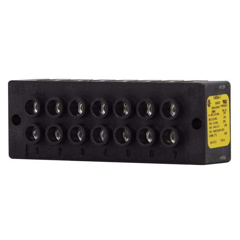 EATON 14004-7 Power Terminal Block, 600 V, 90 A, 14 to 4 AWG Cu, 8 AWG Al Wire