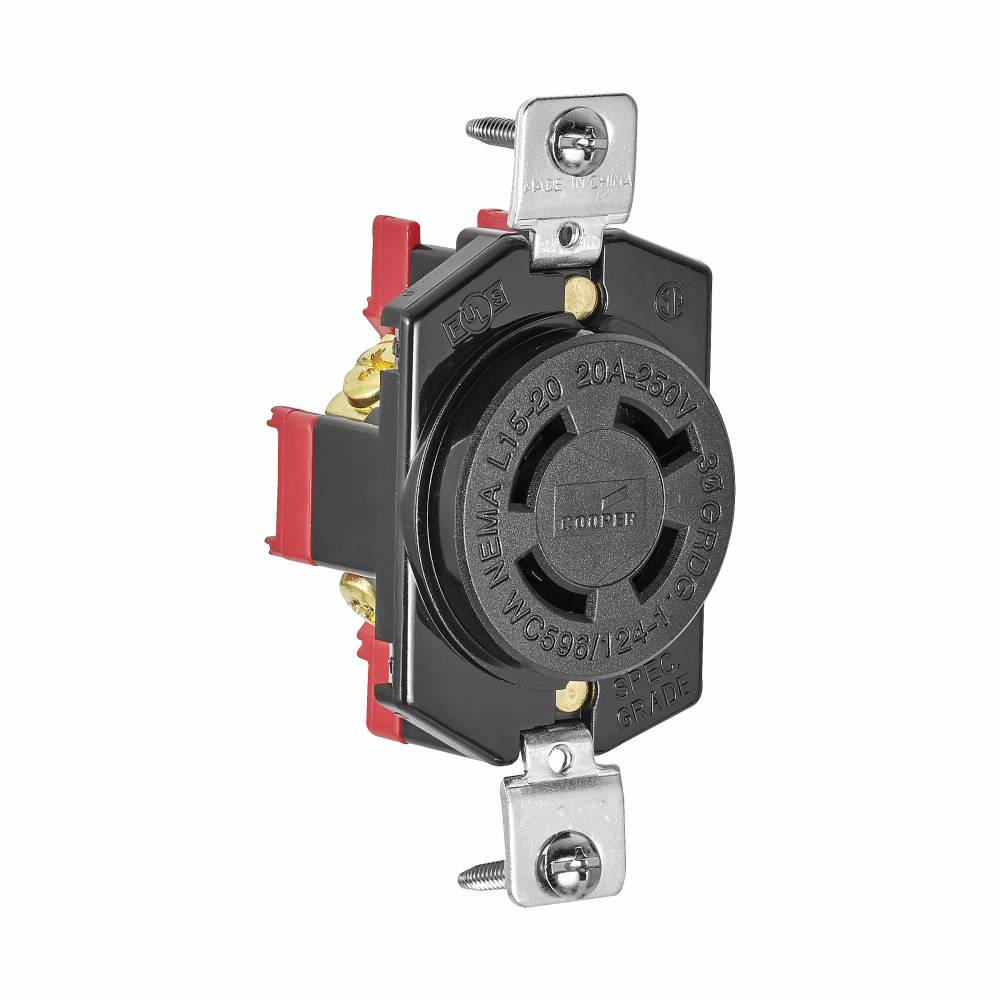 EATON Arrow Hart™ Eaton Wiring Devices L1520R L1520 3-Phase Single Watertight Straight Blade Receptacle, 250 VAC, 20 A, 3 Poles, 4 Wires, Black