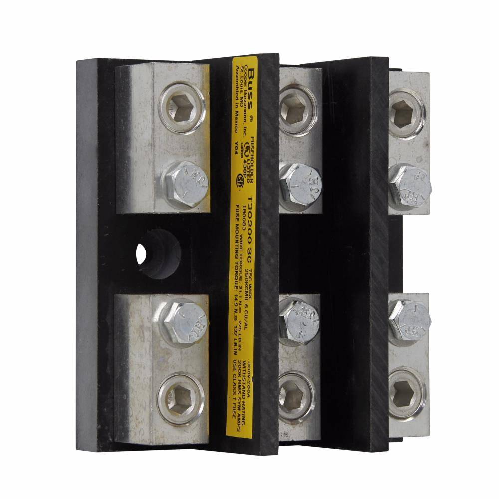 Edison T30200-3C T300 Open Style Fuse Block, 300 VAC/VDC, 101 to 200 A, T Class, 6 AWG to 250 kcmil Wire, 3 Poles