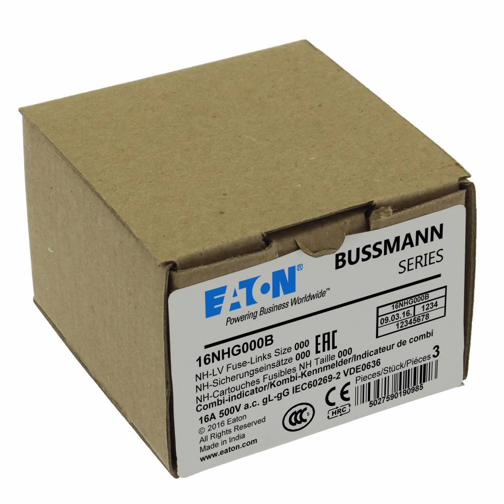 Edison Bussmann 16NHG000B Size 000 Dual Indicator NH Fuse Link, 500 V, 16 A, For Use With Bussmann NH Size Photovoltaic Fuse, Class C gG/gL Fuse, Ceramic