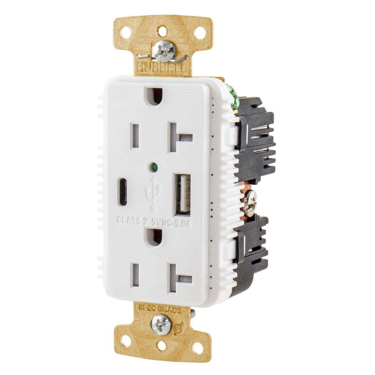 Wiring Device-Kellems tradeSELECT® USB20AC5WWR Decorator Duplex Grounding Tamper/Weather-Resistant USB Charger Receptacle With Green LED, 125 V, 20 A, 1 Phase, 2 Poles, 3 Wires, White