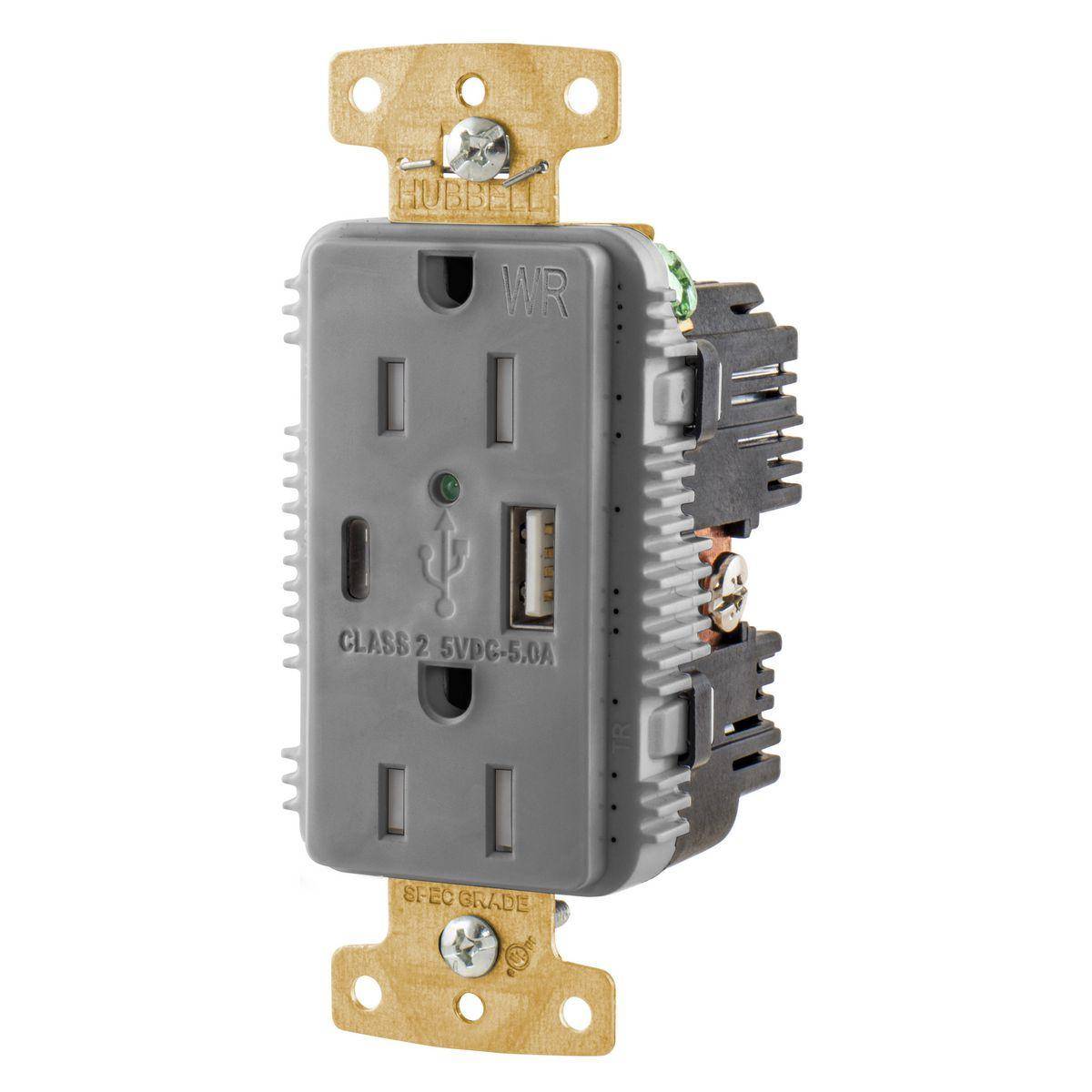 Wiring Device-Kellems tradeSELECT® USB15AC5GYWR Decorator Duplex Grounding Heavy Duty Tamper/Weather-Resistant USB Charger Receptacle With Green LED, 15 A, 125 VDC, 1875 W, 1 Phase, 2 Poles, 3 Wires, Gray