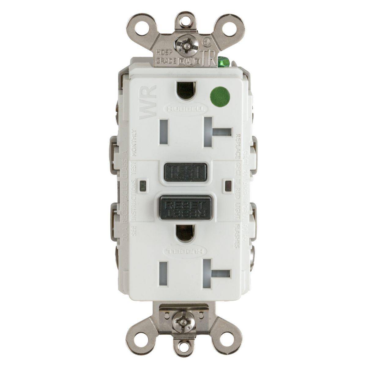 Wiring Device-Kellems GF8300SGW 1-Phase Auto Duplex Grounding Heavy Duty Standard Tamper-Resistant Weather-Resistant Screw Mount GFCI Receptacle, 125 VAC, 20 A, 2 Poles, 3 Wires, White