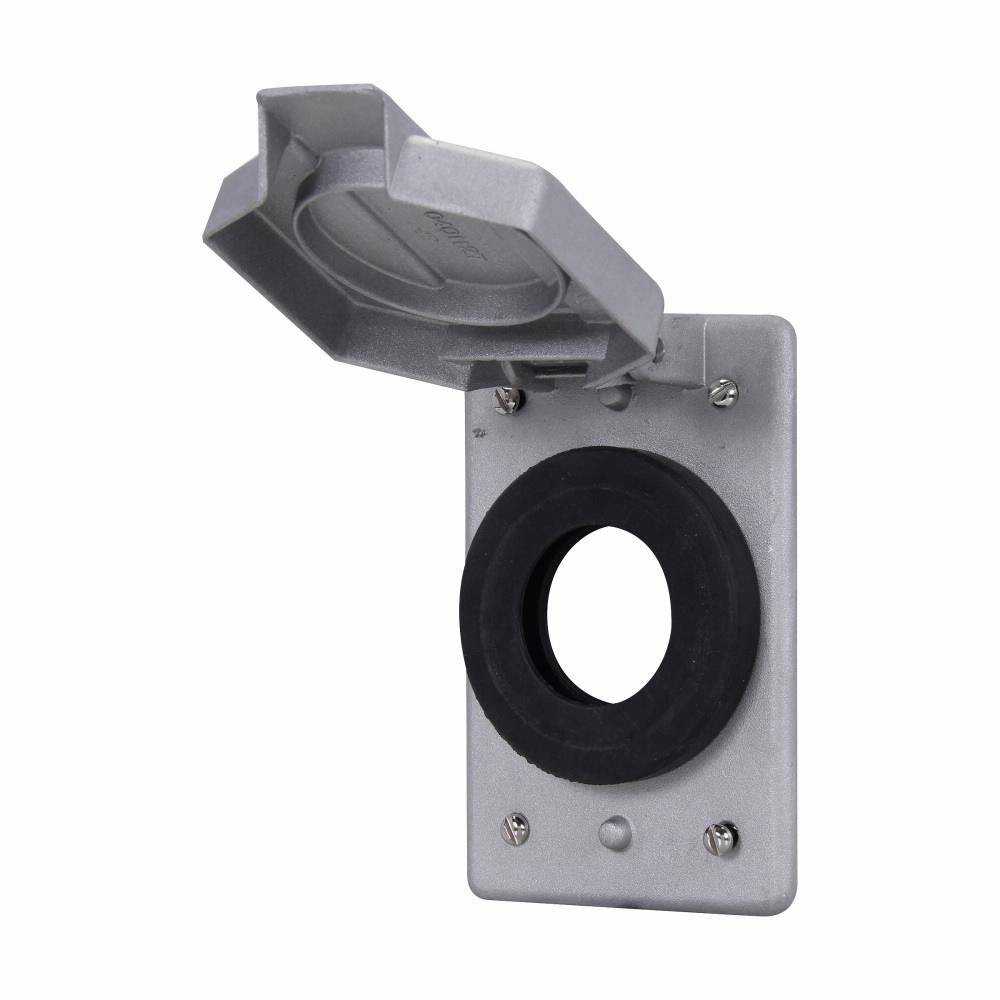 EATON WLRS2 WLRS Single Spring Door Cover, 1-1/2 in Dia, 2.91 in L x 1.13 in W x 4.44 in D, (1) Receptacle Cover, Copper-Free Aluminum