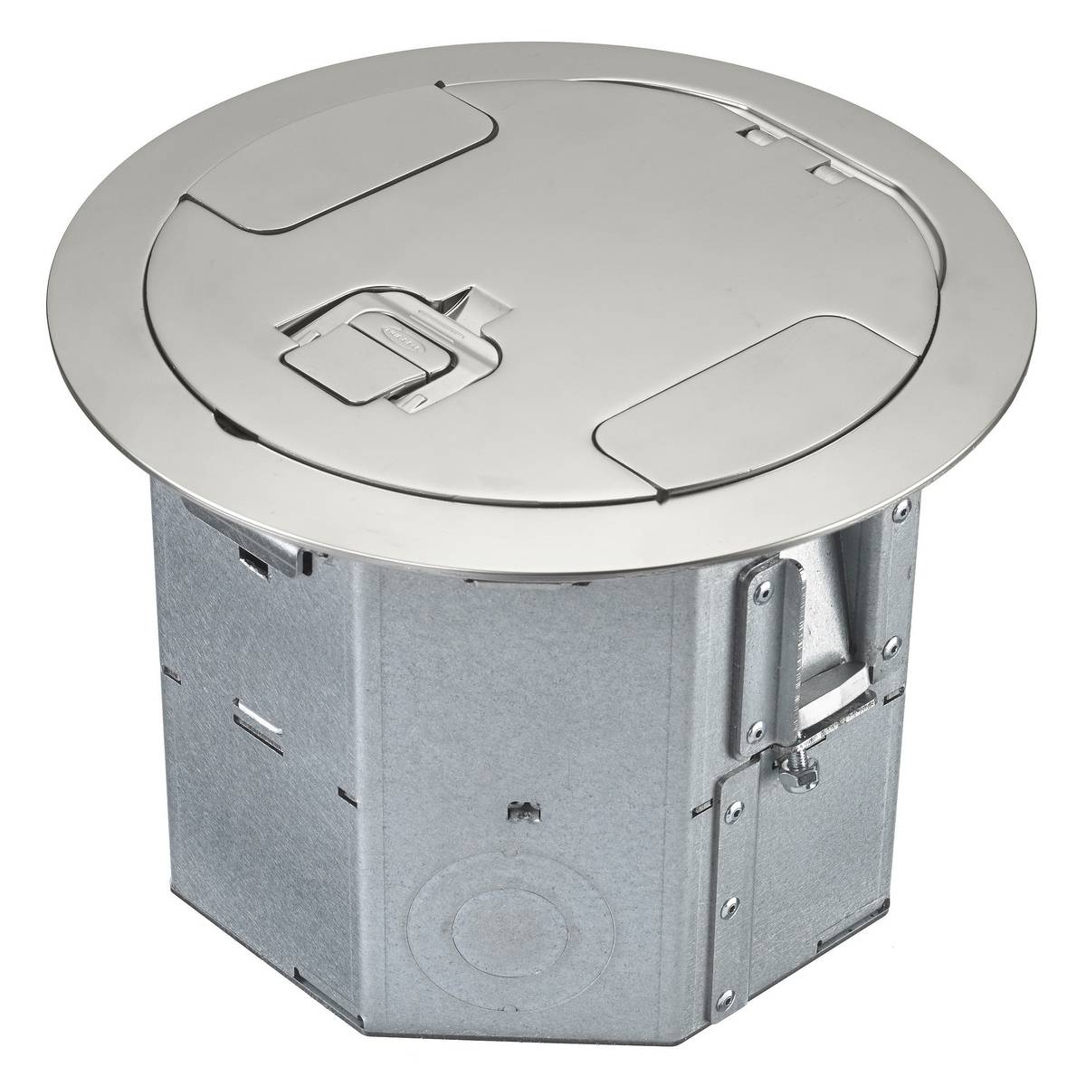 PREMISE WIRING SystemOne™ RAFB4NKL Floor Box With Satin Nickel Plated Cover, Steel, 28.5 cu-in Capacity, 4 Gangs, 6.41 in H