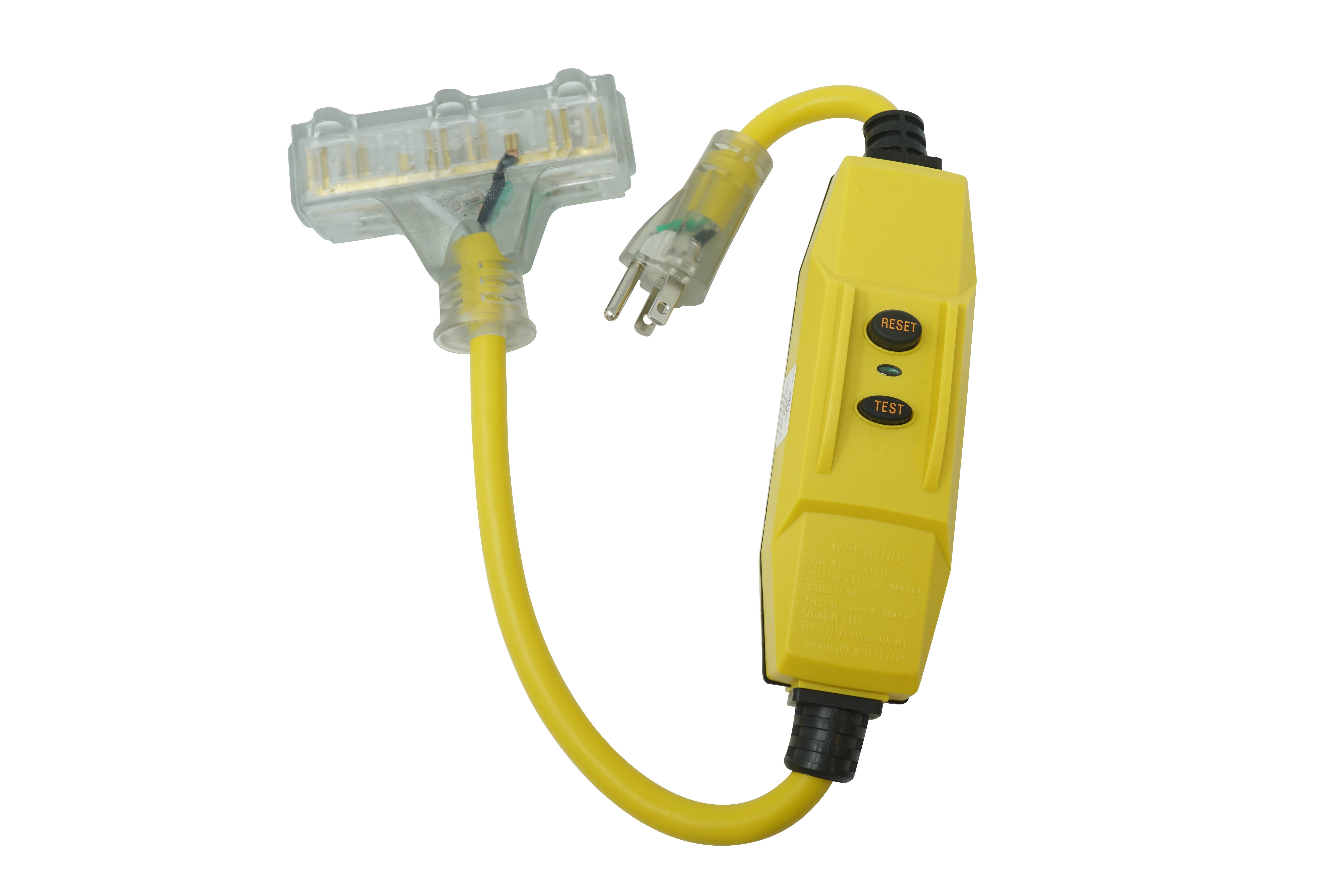 Southwire® 26020008-6 In-Line Protected GFCI Tri-Cord, 120 VAC, 15 A, 1 Pole, 3 Wires, Yellow