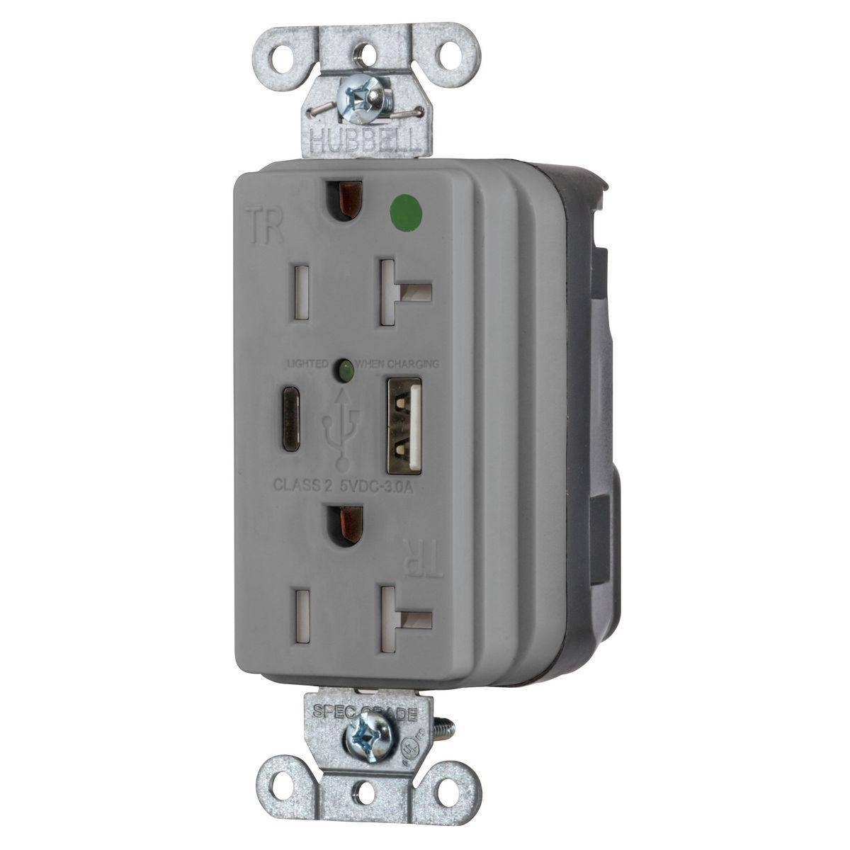 Wiring Device-Kellems SNAPConnect® SNAP8300UACGY Decorator Duplex Straight Blade USB Charger Receptacle, 20 A, 125 VDC, 2500 W, 2 Poles, 3 Wires, Gray