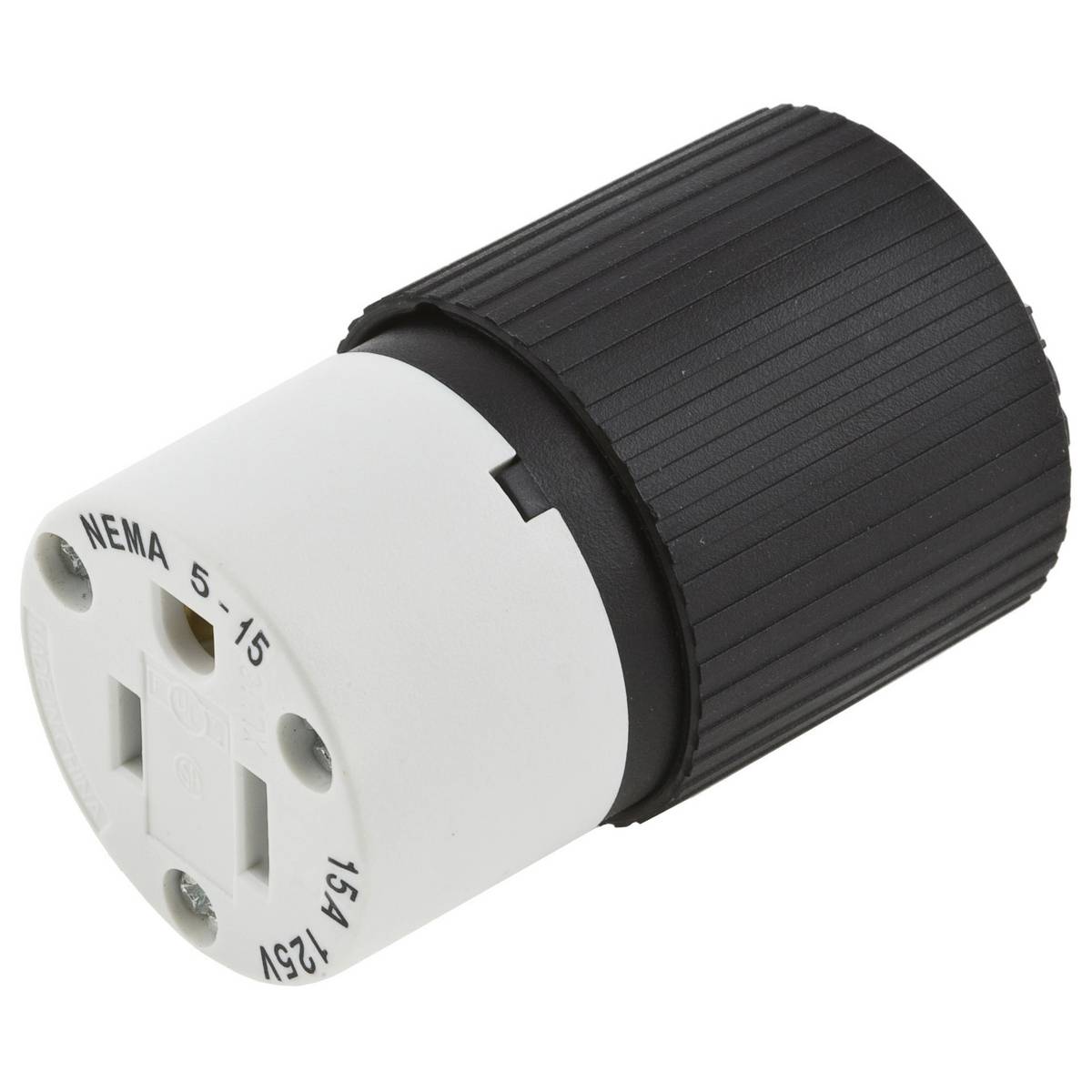 Wiring Device-Kellems 515C Female Standard Sized Straight Cord Mount Connector Body, 125 VAC, 15 A, 2 Poles, 3 Wires, Black