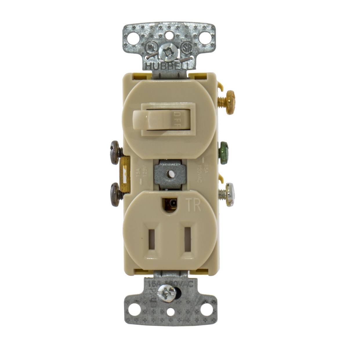 Wiring Device-Kellems RC108ITR Traditional 2-Position Tamper-Resistant Standard Self-Grounding Combination Switch and Receptacle, Electrical Ratings: 15 A at 120/125 VAC, 1 Poles, 3 Wires, Snap Switch Reset