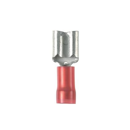 Panduit® Pan-Term™ DNF18-111-C Type DNF Loose Piece Vibration-Resistant Female Disconnect, 22 AWG Conductor, 0.11 in W x 0.02 in THK Tab, Funnel Entry/Serrated/Sleeved Barrel, Brass, Red, Barrel Insulated