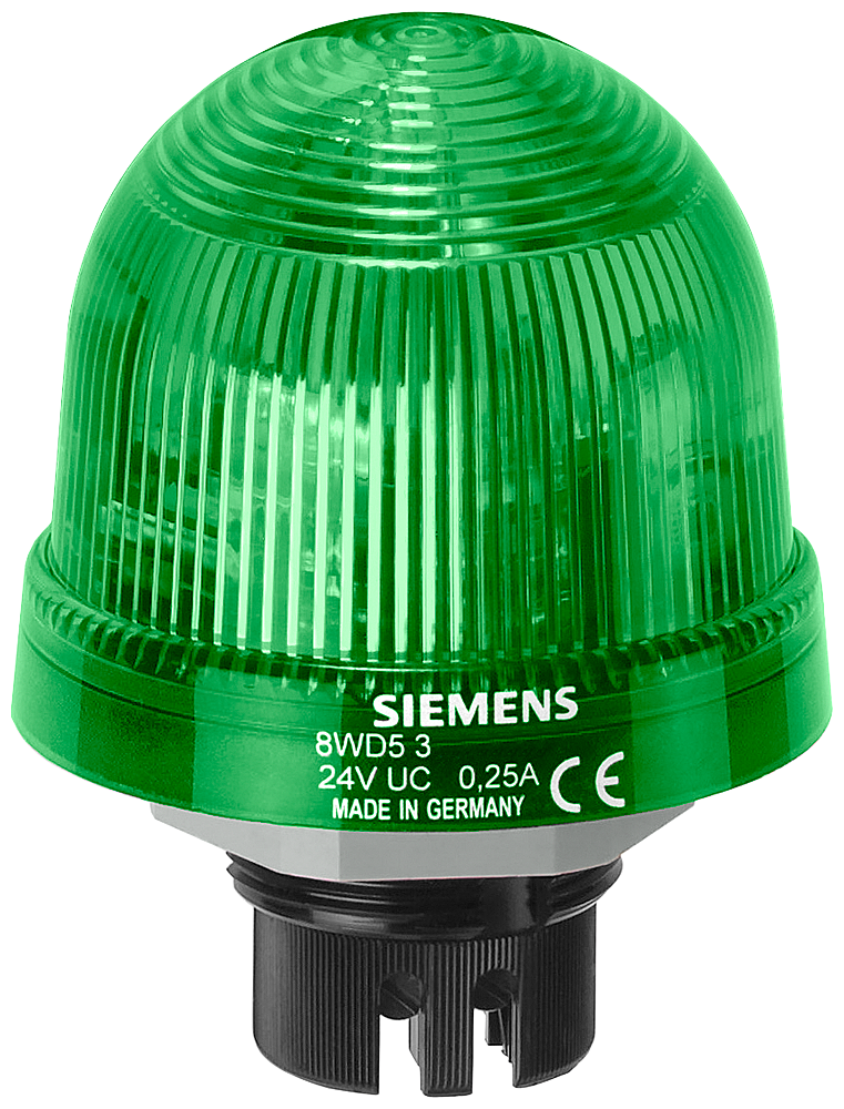 Siemens 8WD5320-5AC Continuous Light Signal Column Steady Beacon w/ Integrated LED, 24 VAC/VDC, LED Lamp, 70 mm Dia, Bayonet/Flush Mount, Green