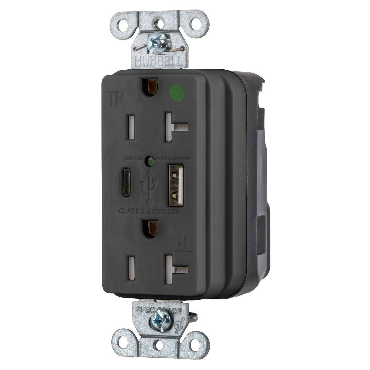 Wiring Device-Kellems SNAPConnect® SNAP8300UACBK Decorator Duplex Straight Blade USB Charger Receptacle, 125 VAC, 15 A, 2 Poles, 3 Wires, Black