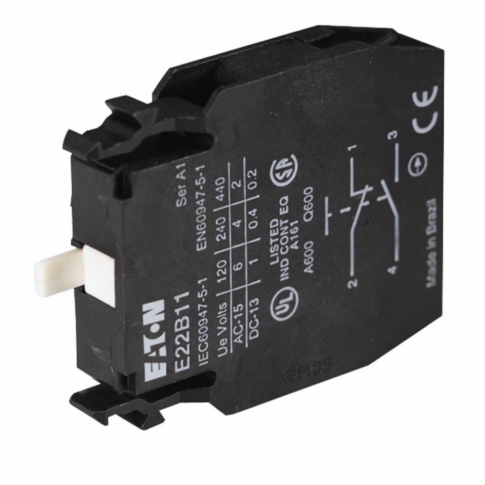 EATON E22B11 Heavy Duty Non-Metallic Standard Contact Block, 22.5 mm, 1NC-1NO Contact, 10 A at 600 VAC, 2.5 A at 600 VDC Contact, Silver Contact
