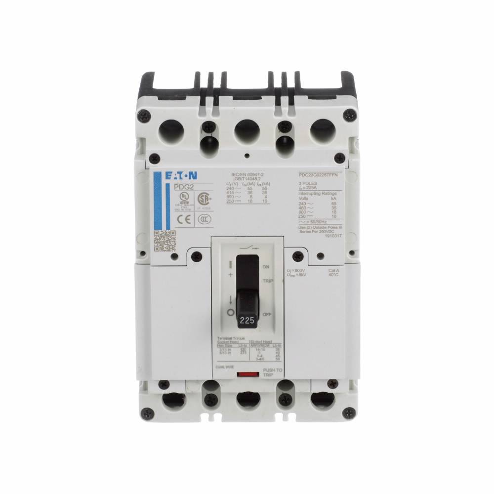 EATON Power Defense™ PDG23F0225TFFJ Power Defense Molded Case Circuit Breaker, 600 VAC, 225 A, 25 kA Interrupt, 3 Poles, T-M (Fxd-Fxd) TU Trip