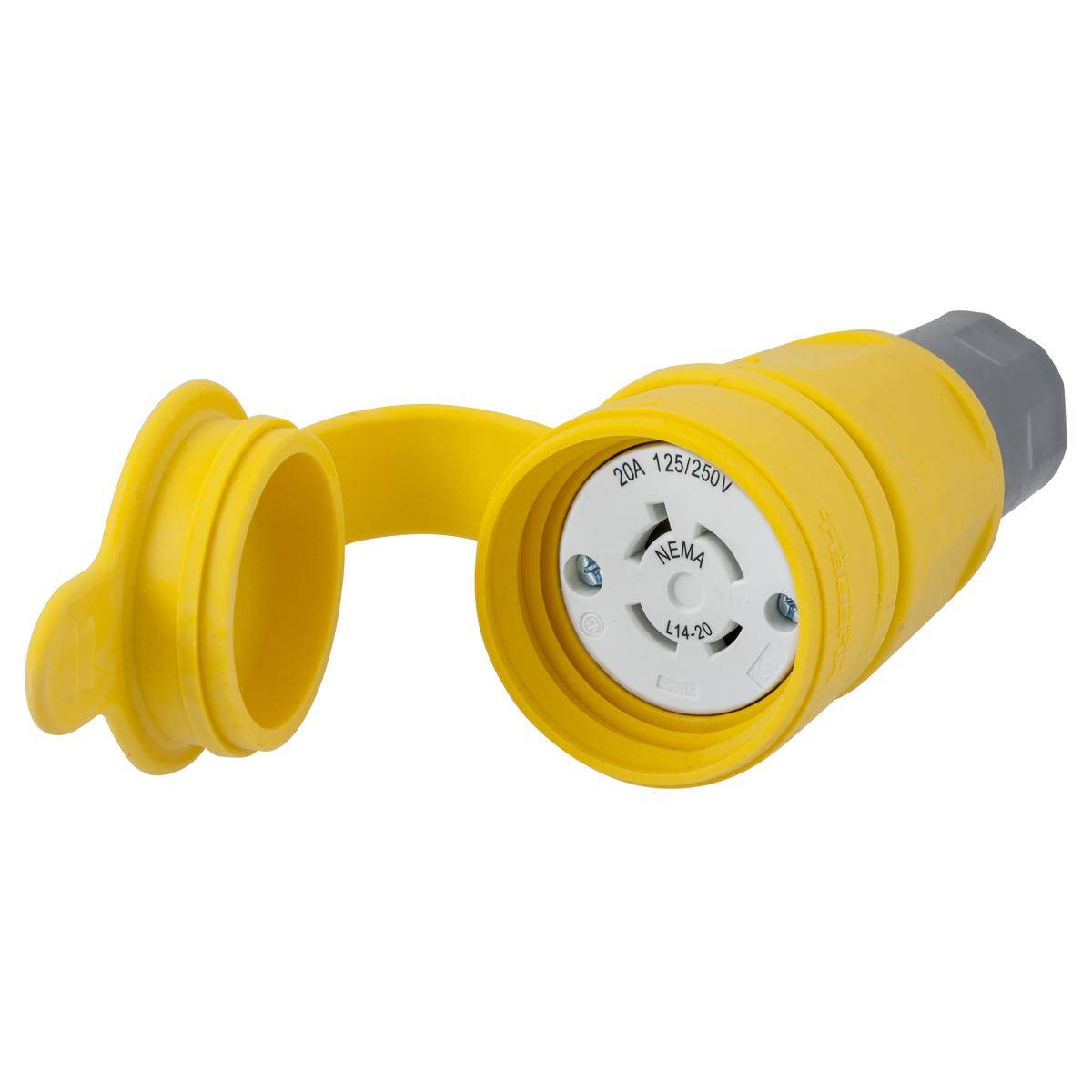 Wiring Device-Kellems Twist-Lock® Elastogrip® HBL27W74M1 Grounding Water/Dust-Tight Locking Male Plug, 125/250 VAC, 20 A, 3 Poles, 4 Wires, Yellow