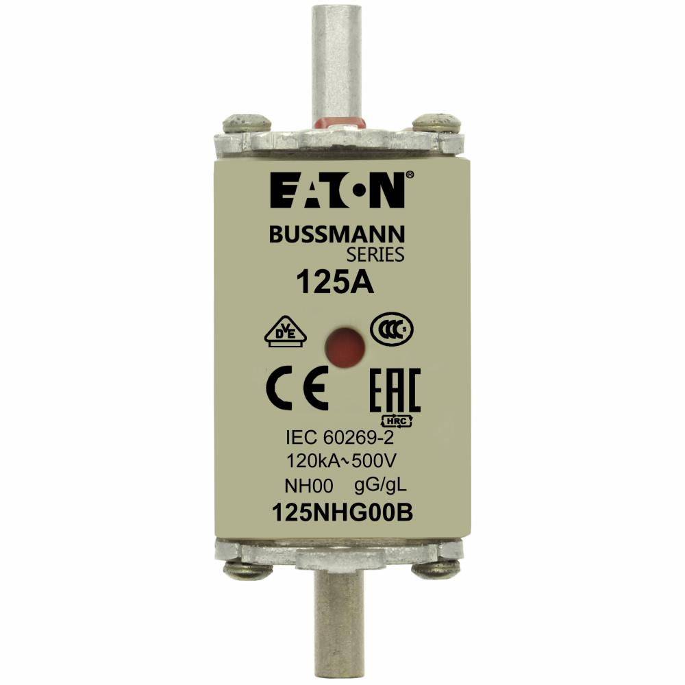 EATON Bussmann Edison 125NHG00B Size 00 Dual Indicator NH Fuse Link, 500 V, 125 A, For Use With Bussmann NH Size Photovoltaic Fuse, Class C gG/gL Fuse, Ceramic