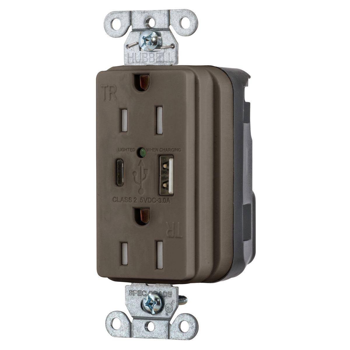 Wiring Device-Kellems SNAPConnect® Style Line® SNAP15UAC Decorator Duplex Grounding Temper-Resistant USB Charger Receptacle, 125 VAC, 15 A, 2 Poles, 3 Wires, Brown