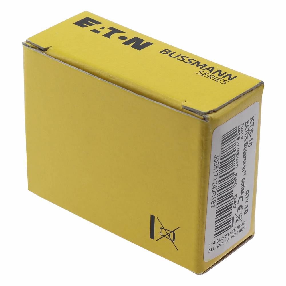 Bussmann Limitron™ KTK-10 Fast Acting Midget Fuse, 10 A, 600 VAC, 100000 A Interrupt, Class: Supplemental, Cylindrical Body