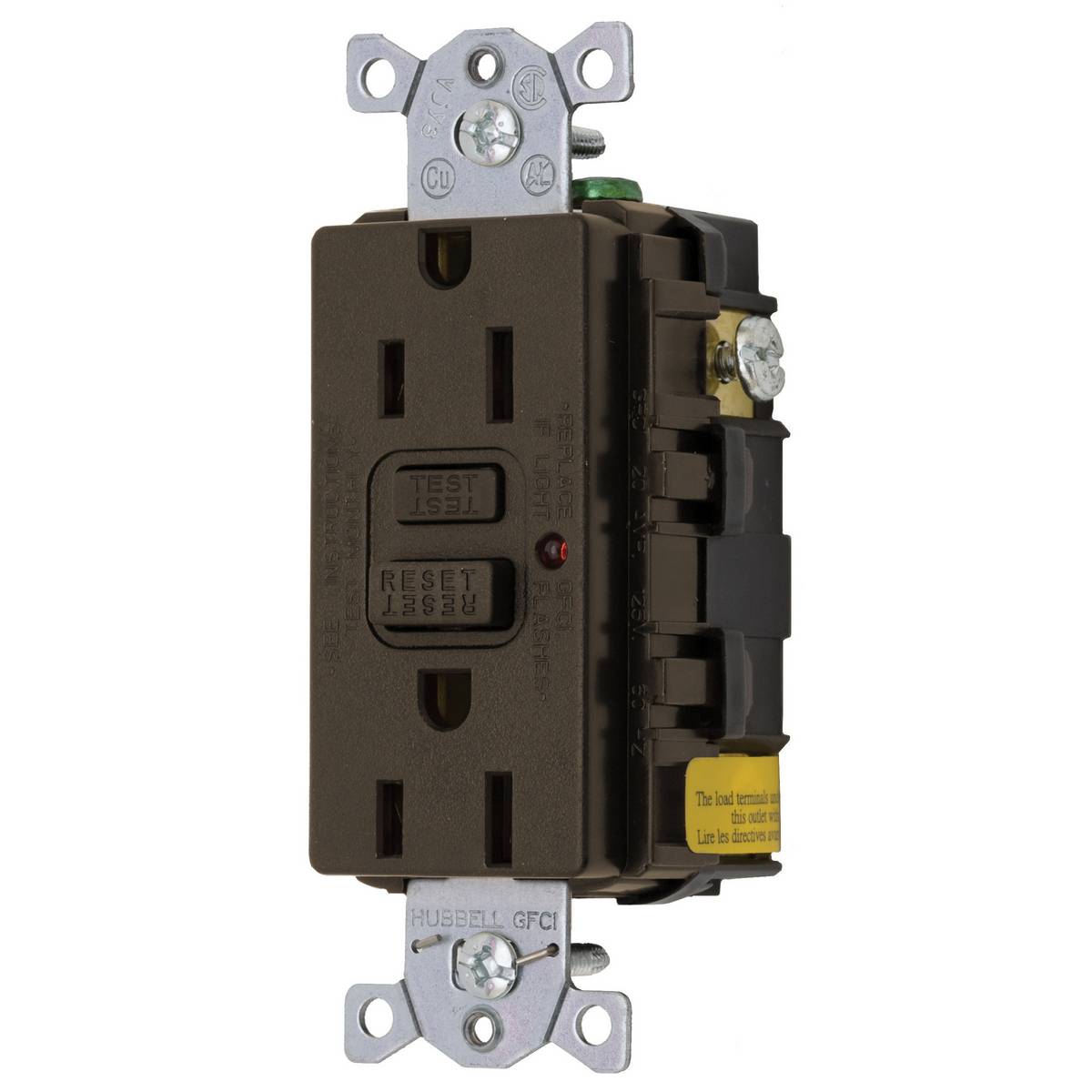 Wiring Device-Kellems Circuit Guard® GF15LA Pro 1-Phase Duplex Heavy Duty Self-Test Self-Grounding Standard Staple Straight Blade GFCI Receptacle With LED Indicator, 125 VAC, 15 A, 2 Poles, 3 Wires, Brown