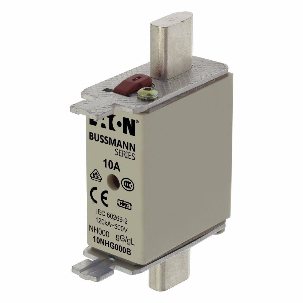 Edison 10NHG000B Size 000 Class gG/gL Dual Indicator NH Fuse Link With Metal Gripping Lugs, 500 VAC/250 VDC, 10 A, For Use With Bussmann NH Size Photovoltaic Fuse, Ceramic