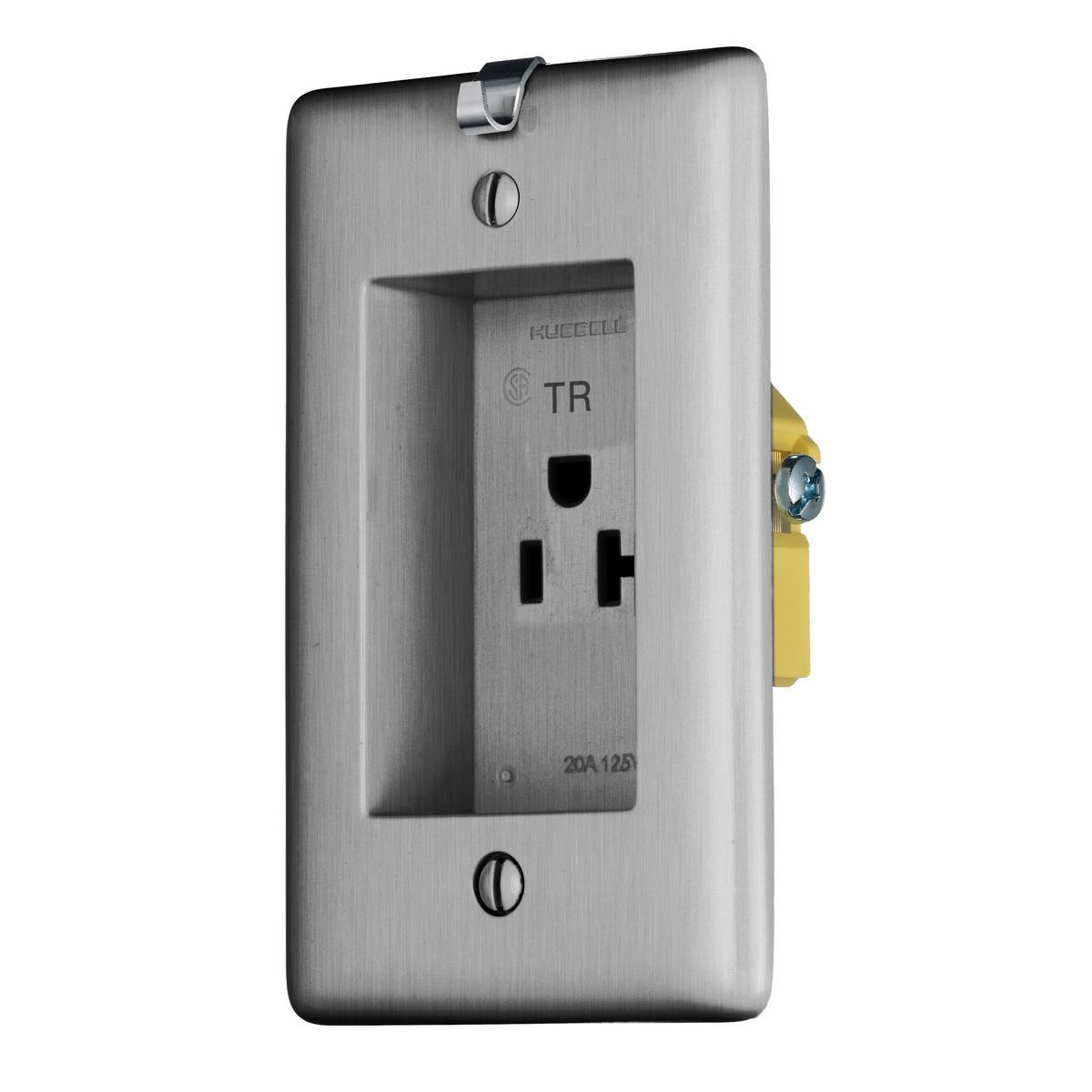 Wiring Device-Kellems RR201CHSSTR Grounding Single Standard Tamper Resistant Screw Mount Clock Hanger Recessed Receptacle, 125 VAC, 20 A, 2 Poles, 3 Wires, Stainless Steel