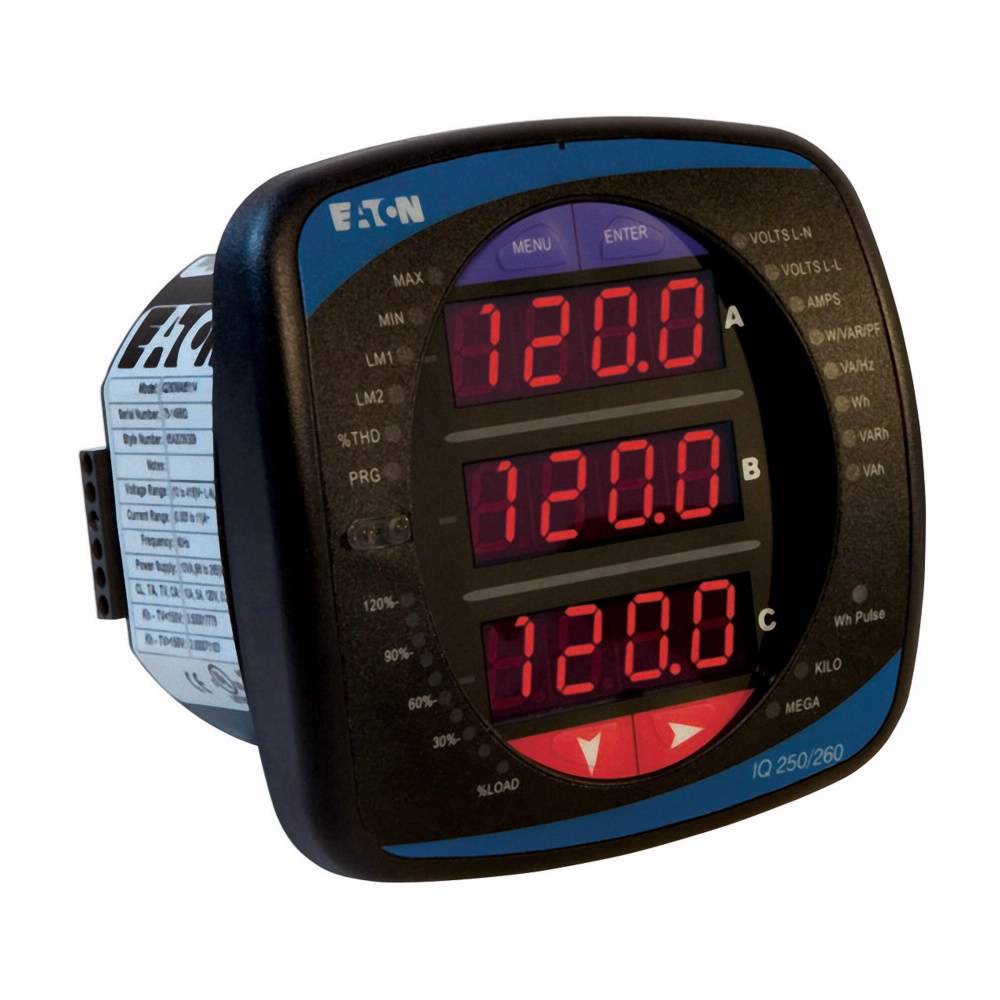 EATON IQ250MA55400 Electronic Energy Power Meter With Integral Display, 24 to 48 VDC, 5 A, LED Display, Modbus RTU/ASCII/RS485 KYZ Output/DNP 3.0 Communication