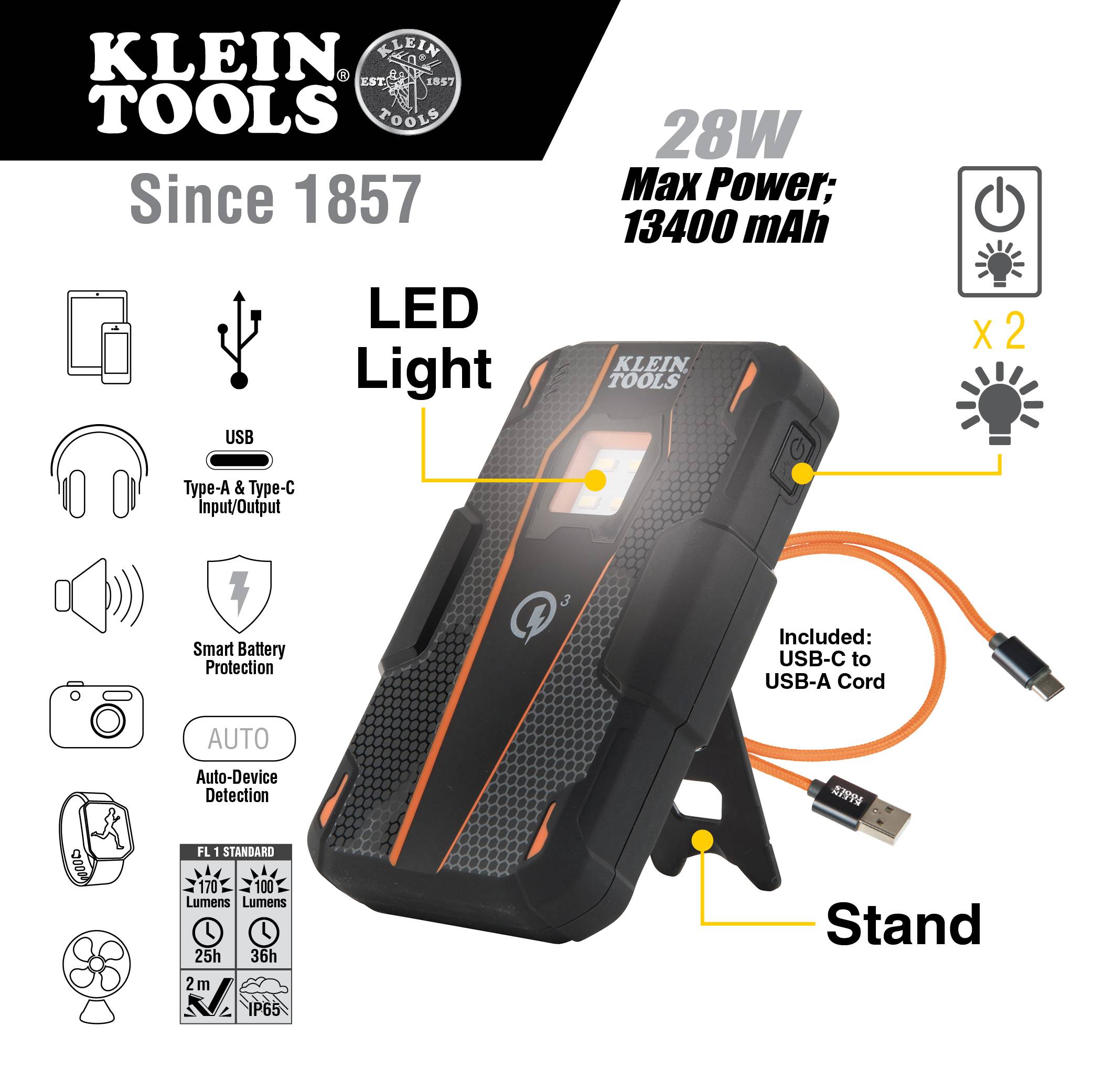 Klein® KTB2 Portable Jobsite Rechargeable Battery, 18650 Lithium-Ion, 5 V Nominal, 13400 mAh Nominal, 5 V Charge