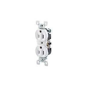 Leviton® 5320-WCP Duplex Grounding Straight Blade Receptacle With Ears, 125 VAC, 15 A, 2 Poles, 3 Wires, White
