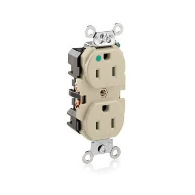 Leviton® 8200-I 1-Phase Duplex Extra Heavy Duty Wide Body Straight Blade Receptacle, 125 VAC, 15 A, 2 Poles, 3 Wires, Ivory