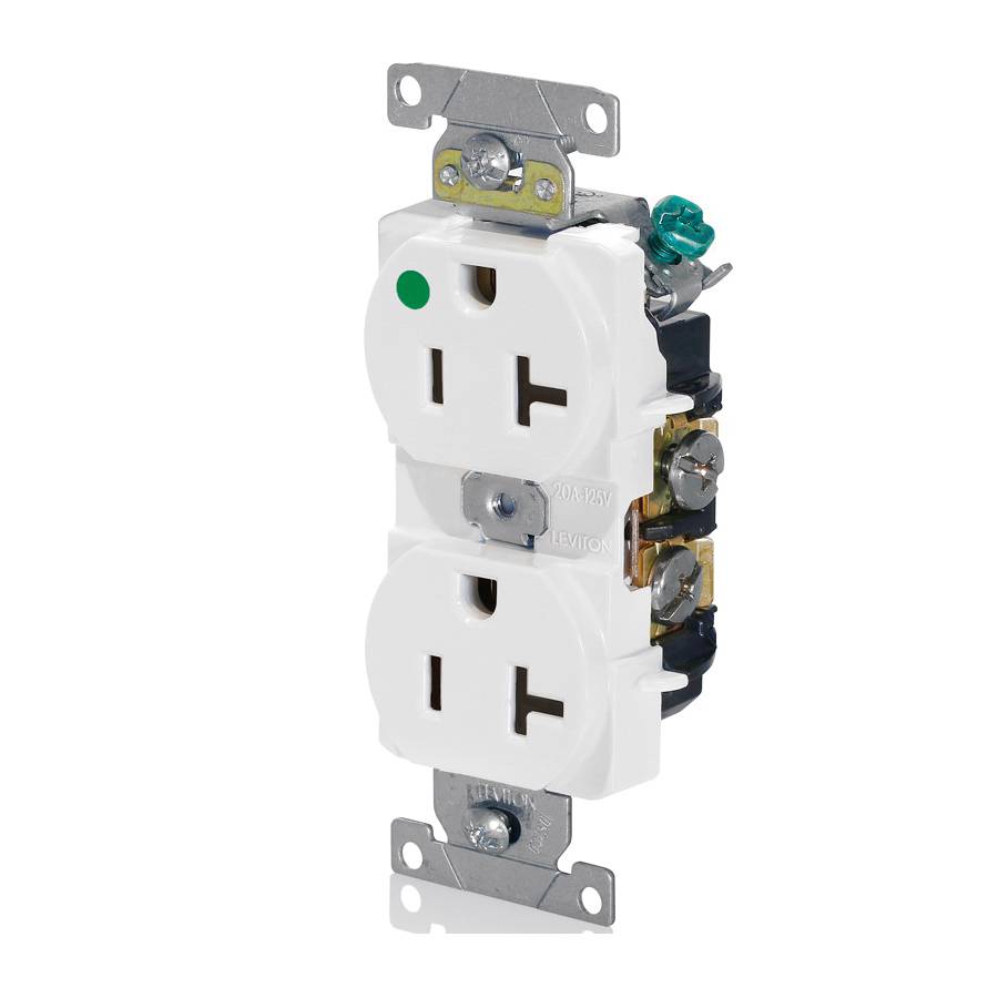 Leviton® 8300-HI 8300-H Duplex Heavy Duty Smooth Face Self-Grounding Standard Straight Blade Receptacle, 125 VAC, 20 A, 2 Poles, 3 Wires, Ivory