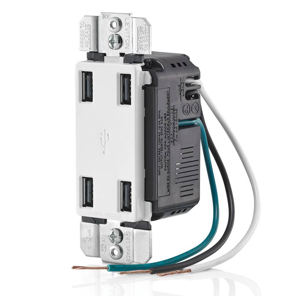 Leviton® Decora® USB4P-W USB Charger, 4.2 A, 125 VAC, 25 W, 3 Wires, White