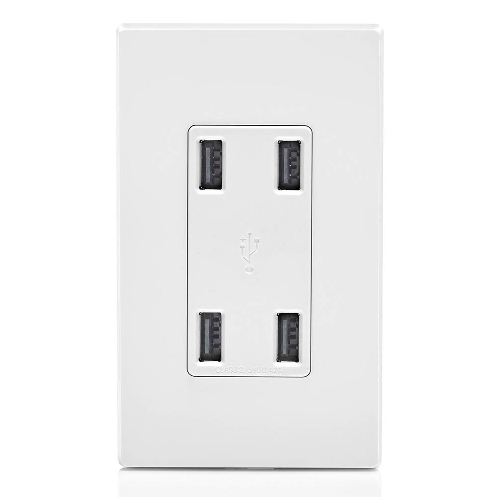 Leviton® Decora® USB4P-W USB Charger, 4.2 A, 125 VAC, 25 W, 3 Wires, White