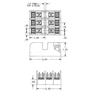 600 VAC/VDC, 30 A, Mersen S.A. 30313R Midget Fuse Block, 3-Pole, Class CC