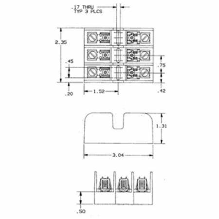600 VAC/VDC, 30 A, Mersen S.A. 30353 Midget Fuse Block, 3-Pole, Open Style