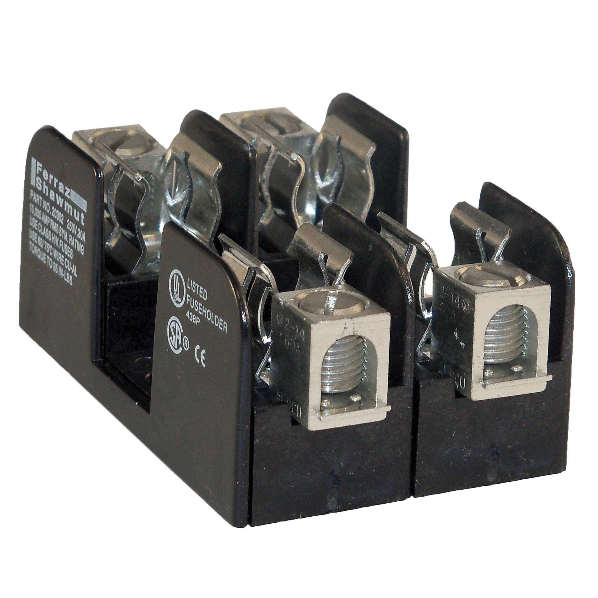 Mersen 20302 Open Style Fuse Block, 250 VAC/VDC, 30 A, Class H, 14 to 2 AWG Wire, 2 Poles