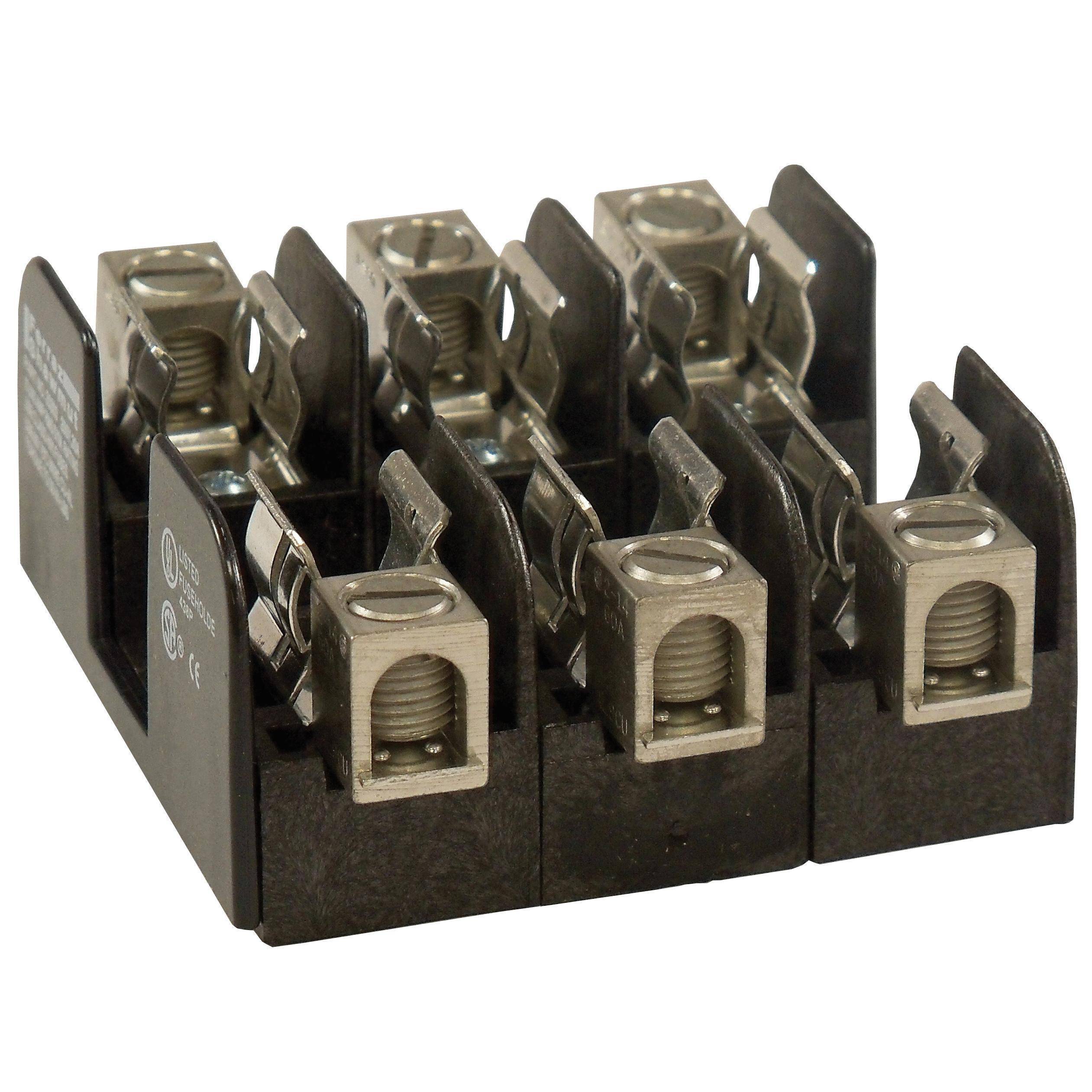 Mersen 20303 Open Style Fuse Block, 250 VAC/VDC, 30 A, Class H, 14 to 2 AWG Wire, 3 Poles