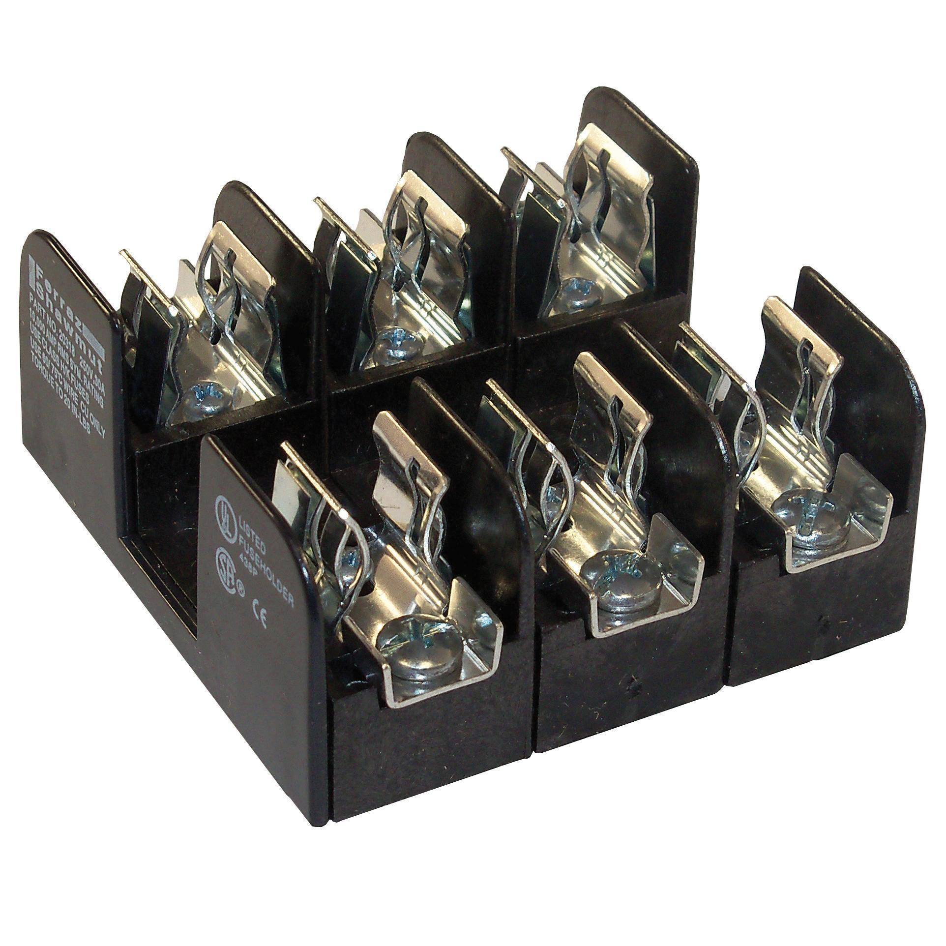 Mersen 20318 Open Style Fuse Block, 250 VAC/VDC, 30 A, Class H, 14 to 10 AWG Wire, 3 Poles
