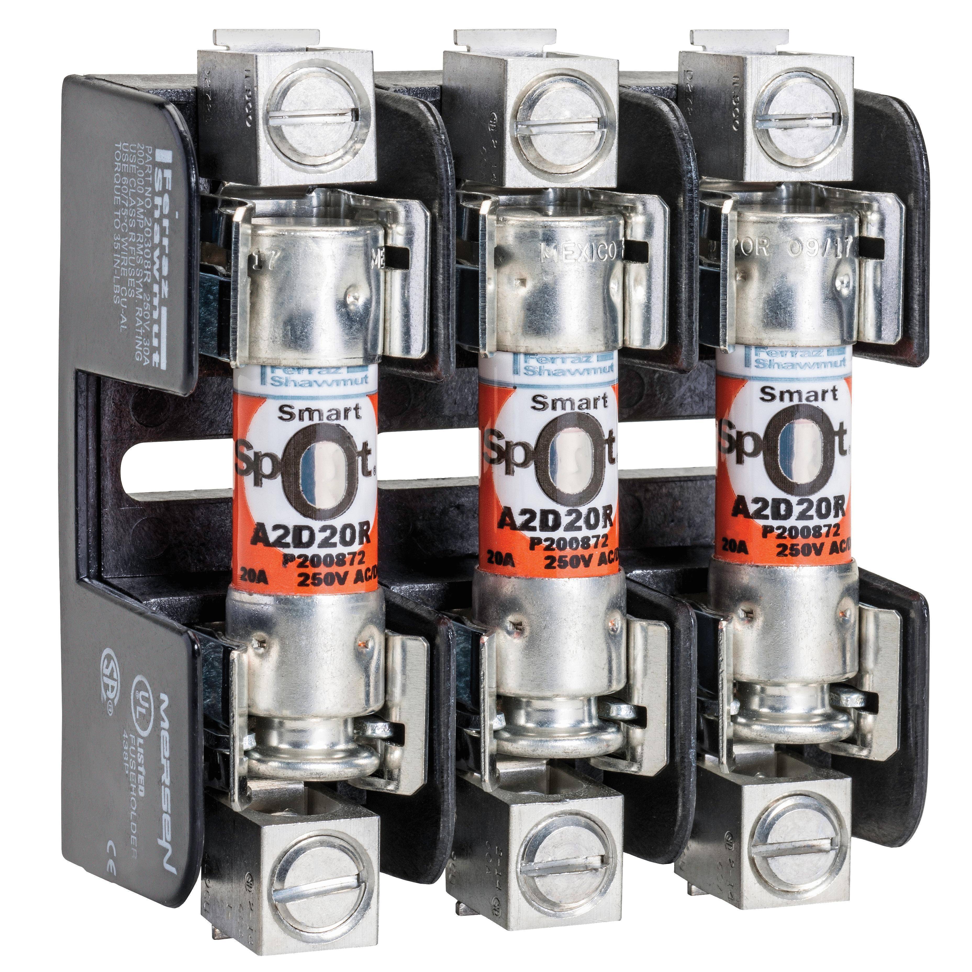 Mersen 20328R Open Style Fuse Block, 250 VAC, 30 A, Class R, 14 to 10 AWG Wire, 3 Poles