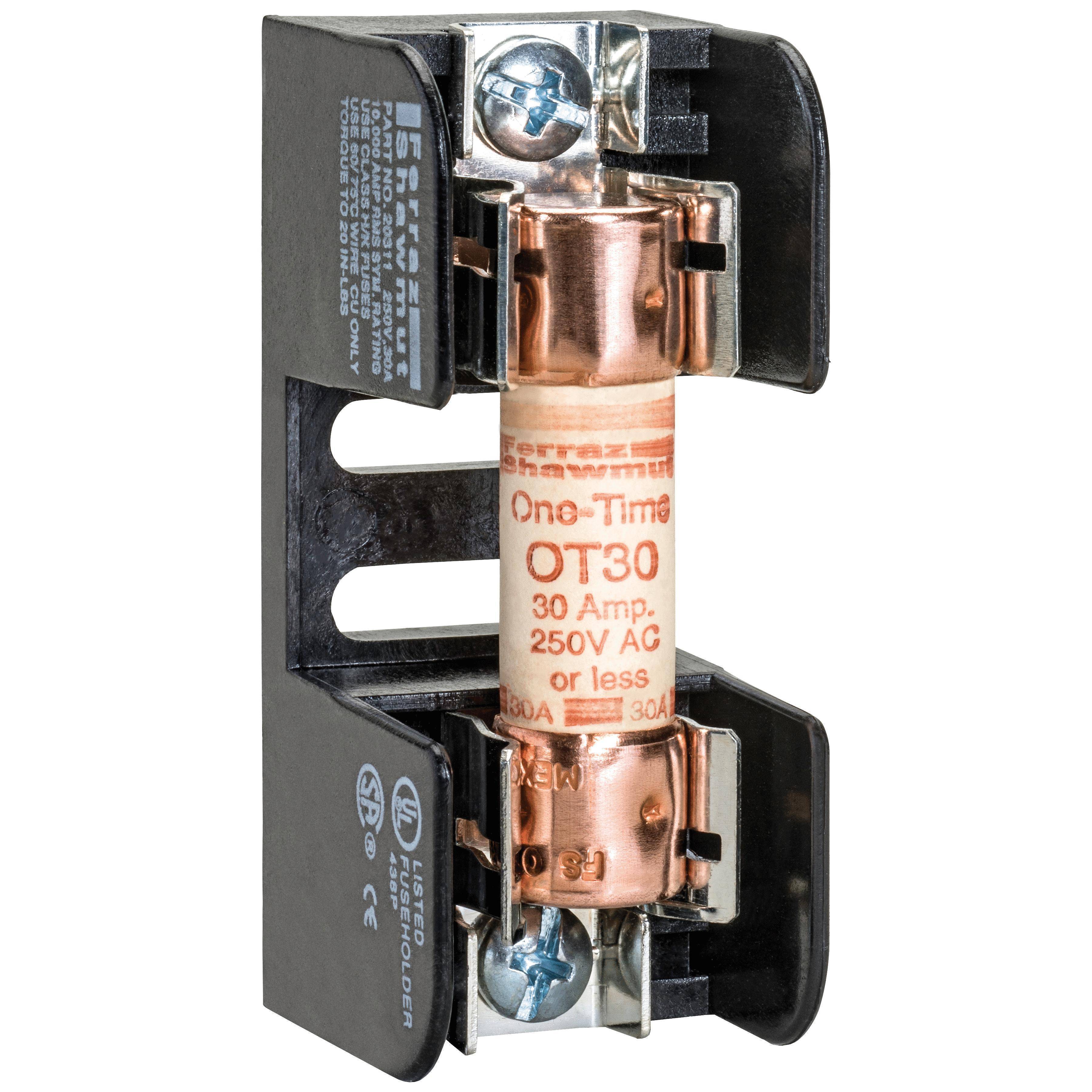 Mersen 20321 Open Style Fuse Block, 250 VAC/VDC, 30 A, Class H, 14 to 10 AWG Wire, 1 Pole