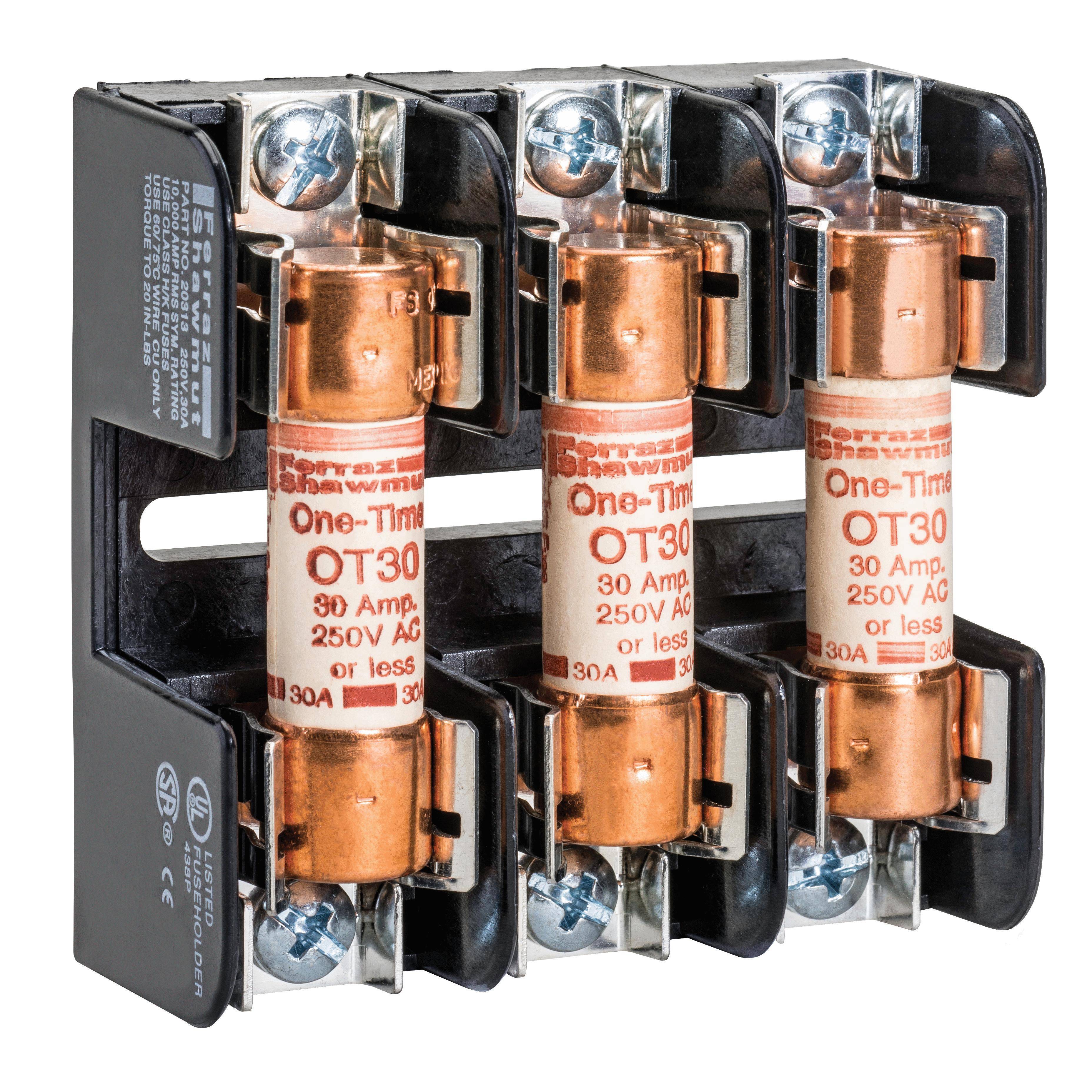 Mersen 20358 Open Style Fuse Block, 250 VAC/VDC, 30 A, Class: H/K, 14 to 4 AWG Wire, 3 Poles