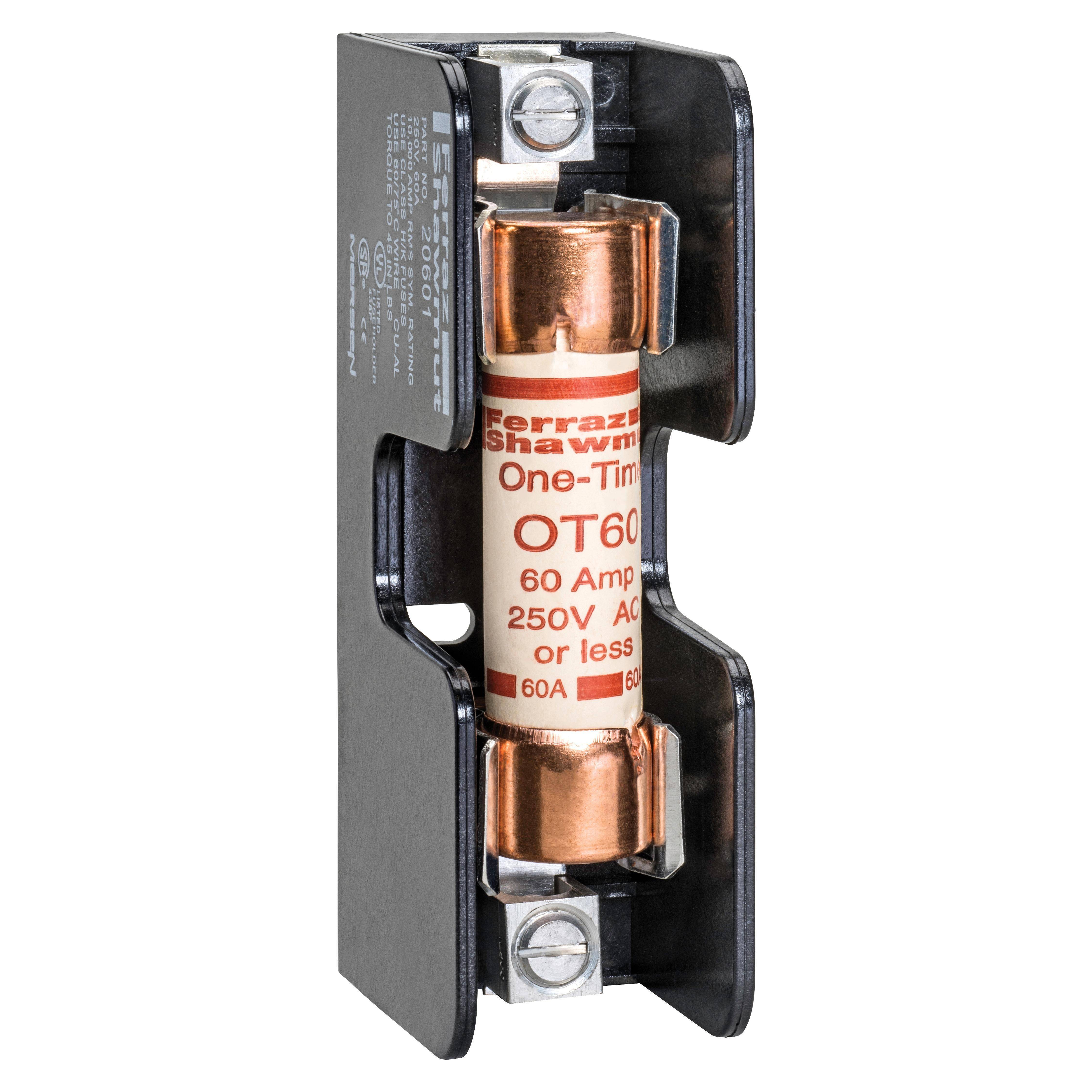Mersen 20606 Open Style Fuse Block, 250 VAC/VDC, 60 A, Class H, 14 to 2 AWG Wire, 1 Pole