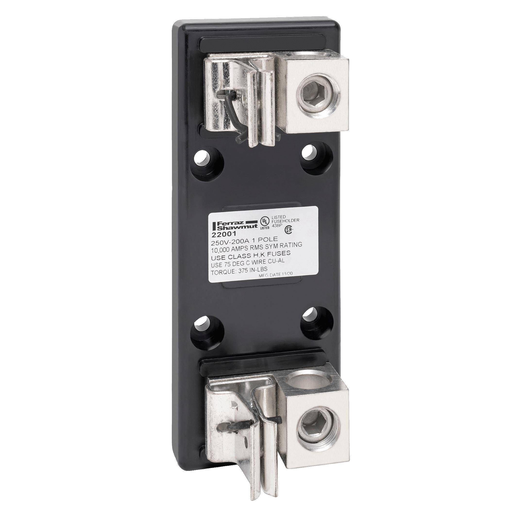 Mersen 22001 Open Style Fuse Block, 250 VAC/VDC, 200 A, Class H, 6 AWG to 350 kcmil Wire, 1 Pole