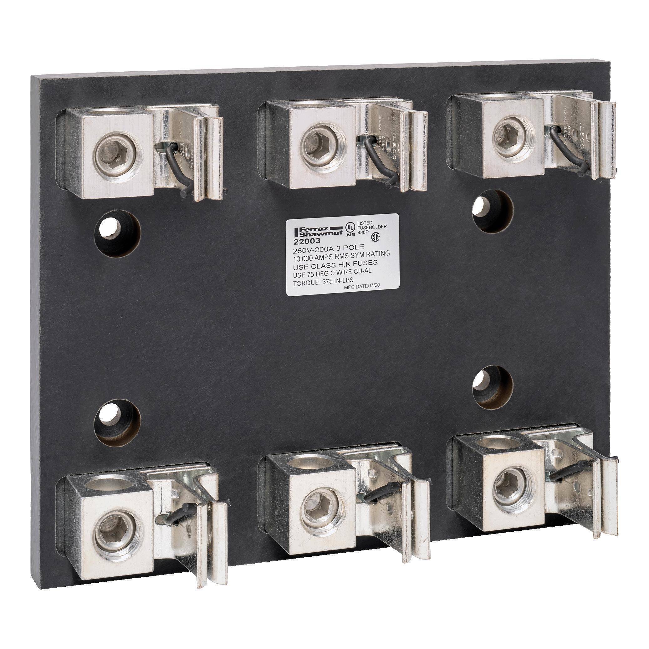 Mersen 22003 Open Style Fuse Block, 250 VAC/VDC, 200 A, Class: H/K, 6 AWG to 350 kcmil Wire, 3 Poles
