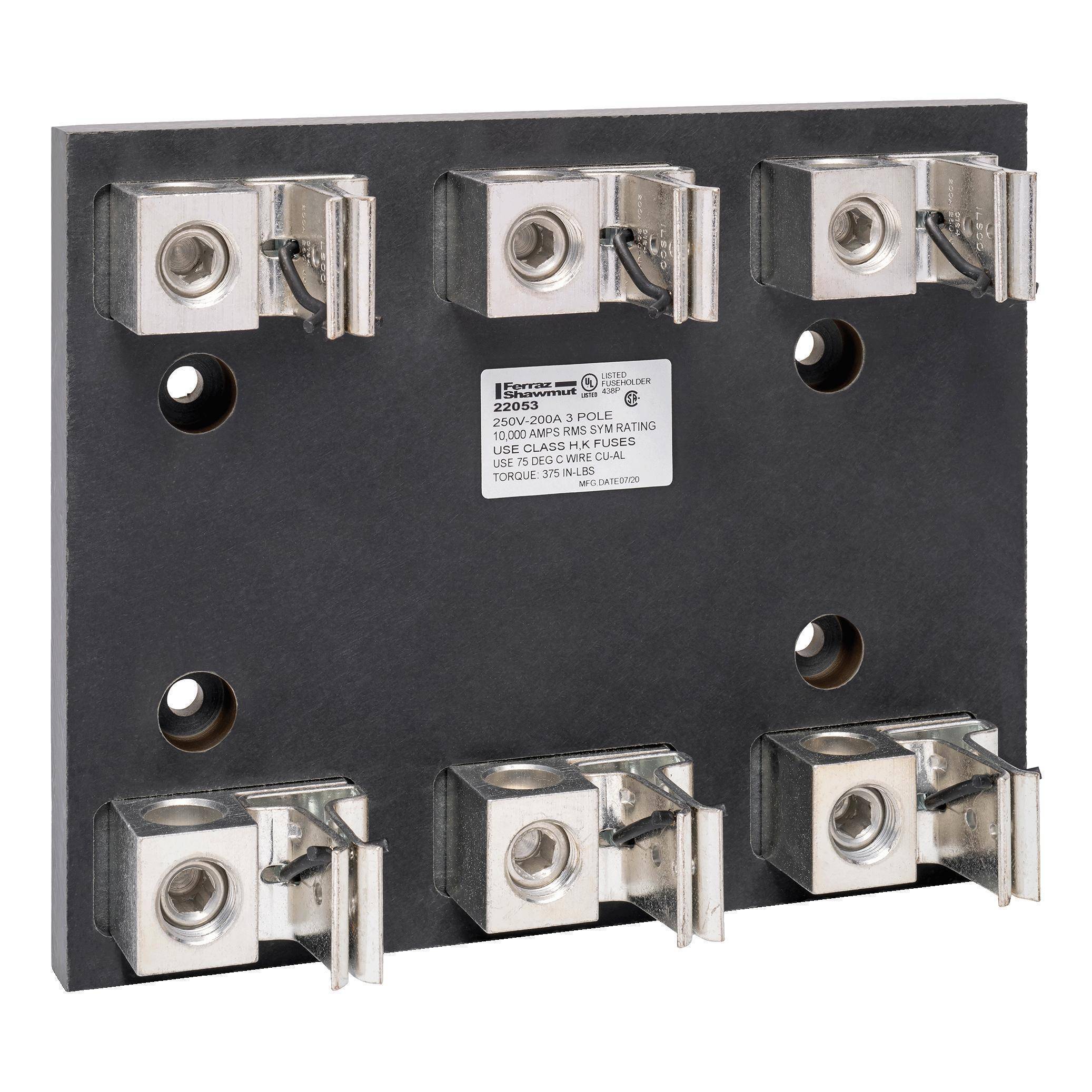 Mersen 22053 Open Style Fuse Block, 250 VAC/VDC, 200 A, Class: H/K, 6 AWG to 350 kcmil Wire, 3 Poles