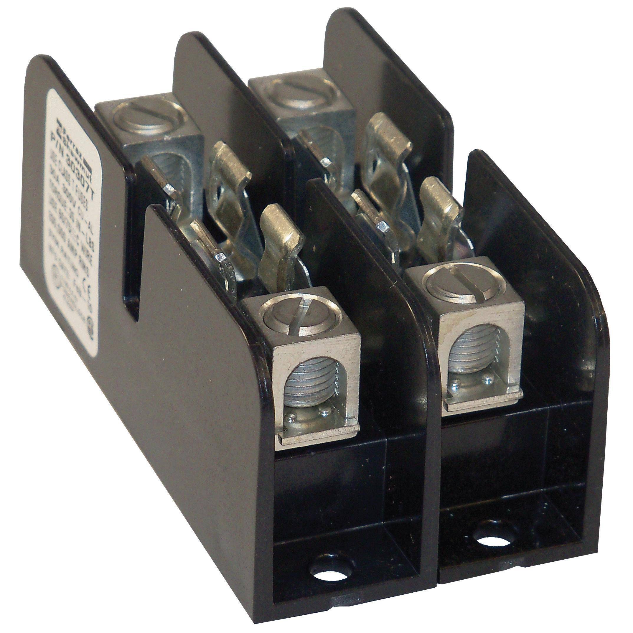 Mersen 30307T Open Style Fuse Block, 300 VAC/VDC, 30 A, Class T, 14 to 2 AWG Wire, 2 Poles